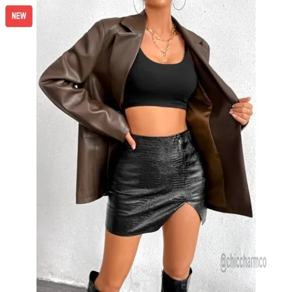 Faux Leather Blazer Jacket Moto Biker Coat Long Sleeves Button Slim Fit - Picture 4 of 6